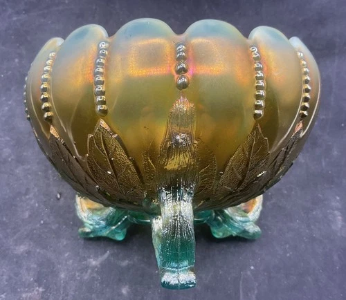 VINTAGE CARNIVAL NORTHWOOD AQUA OPAL LEAF & BEADS ROSE BOWL   “SUPER COLOR”
