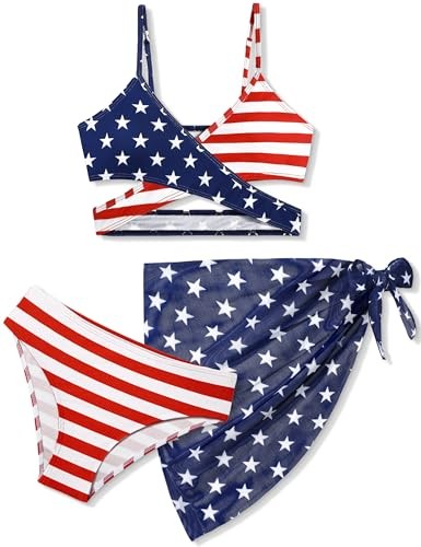 Girls Swimsuit 3 Piece Bathing Suits Criss Cross 11-12 Years American Flag 2 - Picture 2 of 7