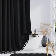 Boho Farmhouse Shower Curtain Black Fabric Tufted Chevron Striped Textured