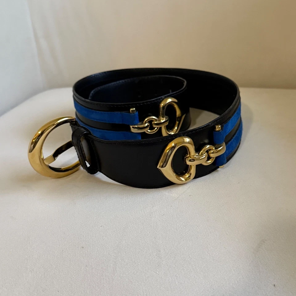 ESCADA Vintage Cuero Negro Azul Gamuza Horsebit Hebilla Talla 40 Foto 3 de 4