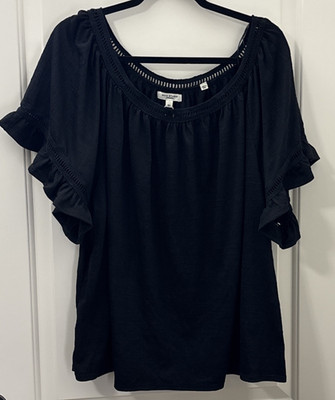 Max Studio Gauze Blouse Ruffle Sleeve in Black Size 3X Crochet Detail NEW $98
