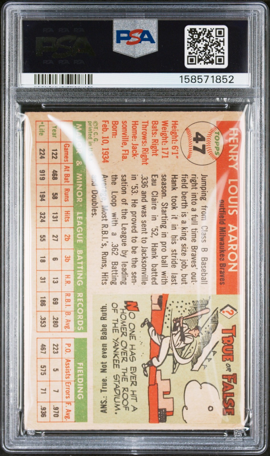 1955 TOPPS #47 HANK AARON PSA 2 view 2
