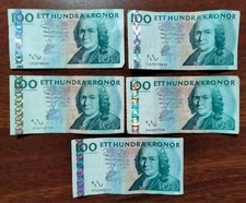 Alte Banknoten f&uuml;r Sammler, "SCHWEDEN" - 5 x 100 KRONEN - SCH&Ouml;N !!