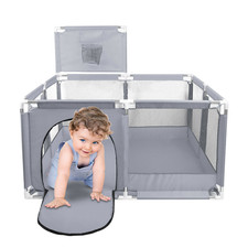 Foldable Gray Playpen for Baby - Kids Safety Yard Fence Tent  Basketball Hoop