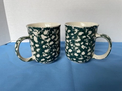 SET of 2 Folk Craft Tienshan Moose Country Ceramic Coffee Mugs Cups Green Sponge