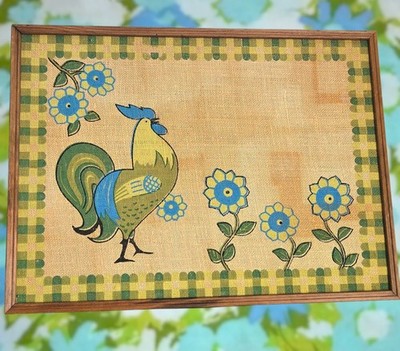 Vintage Mcm Bulletin Board Cheerful Rooster Flowers Tandy Burlap Blue And Green