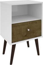 Mid Century Modern Nightstand with Drawer & Shelf, White/Wood, Small