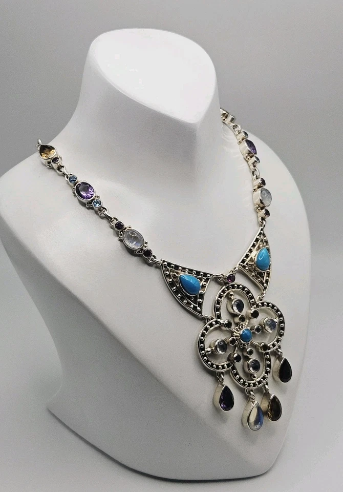 Collar Nicky Butler NB plata esterlina turquesa y piedras múltiples llamativo Foto 3 de 4