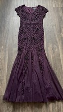 Adrianna Papell Night Plum Beaded Lattice Gown with Flutter Sleeves Size 2