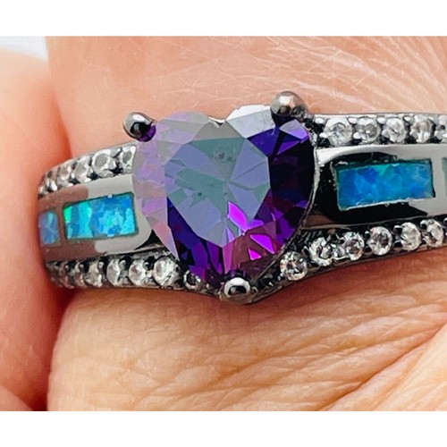 Mystic Heart Amethyst CZ Ring Opal Women Black Japanned Finish Size 8.5 Promise
