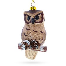 Wise Owl Perched on Branch Blown Glass Ornament