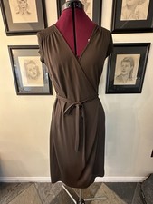 Ann Taylor LOFT Brown Knit Wrap Dress Tie Waist Smocked Cap Sleeve Knee 8