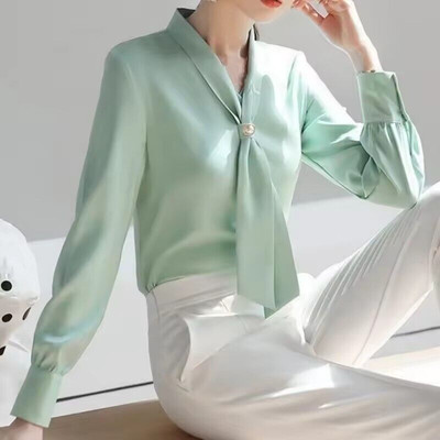 Women Spring Autumn Style Blouses Shirts Casual Long Sleeve Bow Tie Collar Tops