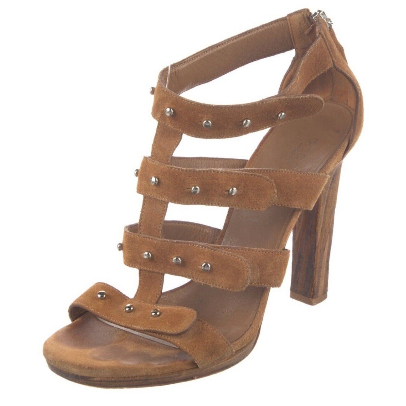 Authentic GUCCI Sigourney Studded Suede Sandals Brown Size EU 37