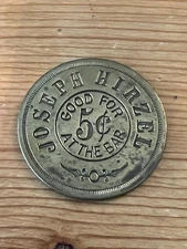 "JOSEPH HIRZEL" (good for 5¢ at the bar - saloon maverick) OTTERBEIN, INDIANA