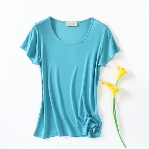 Women Premium Basic Tee T-Shirt Mulberry Silk Short Sleeve Round Neck Solid Top - Bild 20 von 21