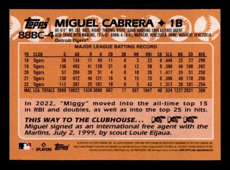 2023 Topps Chrome '88 Topps #88BC4 Miguel Cabrera Tigers - Image 2 of 2