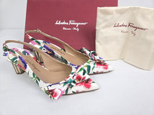 Salvatore Ferragamo Floral Sling-Back Block Heels Bow Sz 7 New Box