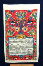 VTG 1972 WALL CALENDAR TEA CLOTH DON NELSON SIGNED FLORAL PAISLEY BIRDS 28x17