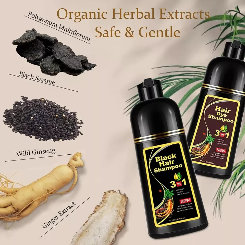 Black Hair Dye Shampoo Natural Instant 3in1 Hair Dye Shampoo 500ml