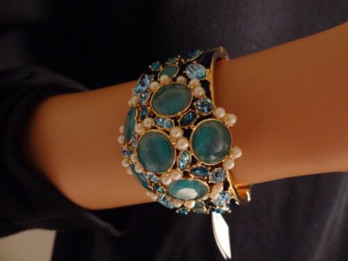 KATE SPADE Belle Fleur Enamel Stones & Pearls Turquoise Bangle Bracelet NWT