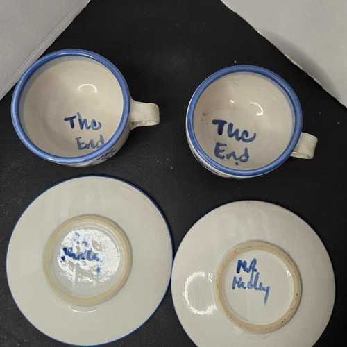 M. A. Hadley Signed Pottery Horse Cup The End inside Kentucky Pair w Saucers VTG