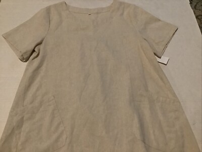 Women Med Beige Linen Shift Dress Short Sleeve Knee Length Cottagecore  Lagen | eBay