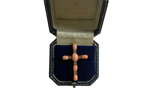 Coral Cross Pendant Coral Cross Clear Stone Vintage Pendant Gilt Gold on Silver - 第 1/12 張圖片