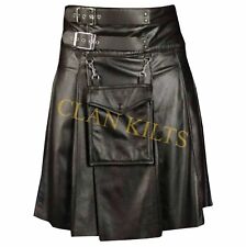 Handmade Traditional Pure Black Cow Leather Utility Kilt with Detachable Pocket