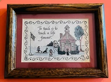 Vintage Red Schoolhouse Print Glass Frame 6" x 8" To Teach Is to Touch a Life