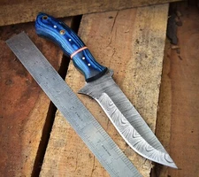 10” Real Damascus Fixed Blade Hunting Knife - PakkaWood Handle