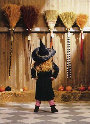 Little Witch Choosing A Broom Funny Halloween Card by 