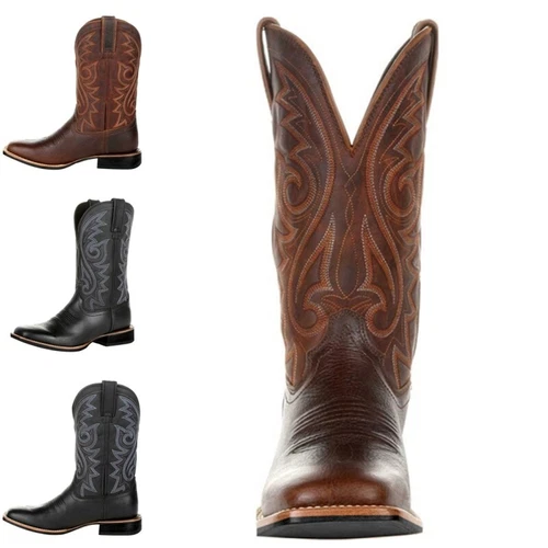 Cowboy Boots Faux Leather Winter Shoes Retro Men Women Boots Embroidered Western - Picture 2 of 19