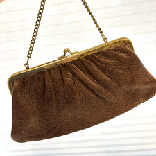 Vintage Brown Pebbled Leather Evening Clutch Gold Frame Chain Strap