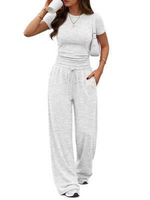 Trendy Queen Women's 2 Piece Matching Summer Lounge Set Medium, Oatmeal Grey