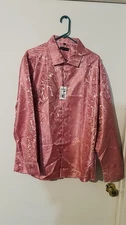 Barry Wang Shirt Mens Long Sleeve Pink Button Up Shiny Silk Size XL