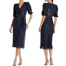 NEW$498 Mac Duggal [ 12 ] Sequined V neck Short Puff Sleeve Midi Dress Blue