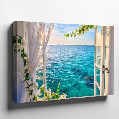 Wall Art Serene Coastal Scene Viewed Through An Open Window, Framed By Delicate