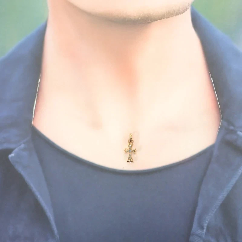 CHROME HEARTS Baby Fat Cross Charm Pendant w/ Diamond 22K Gold Men's TGIS thumbnail 10