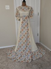 Handmade 70s Patchwork Prairie Maxi Dress S-M Ruffle Lace READ Bow Cottage Hippi