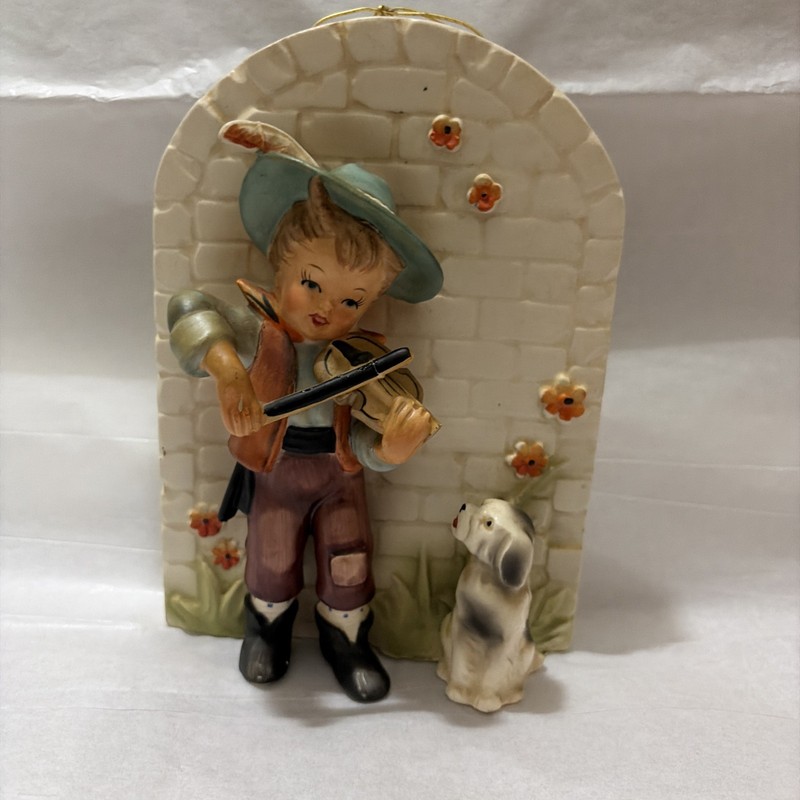 Vintage Erich Stauffer Boy With Violin And Dog Wall Hanging Figurine