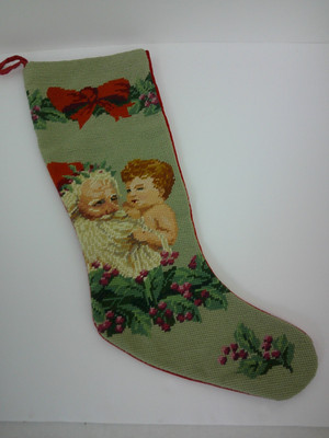 Vintage Imperial Elegance Needlepoint Christmas Stocking Santa Holly Wool 21''