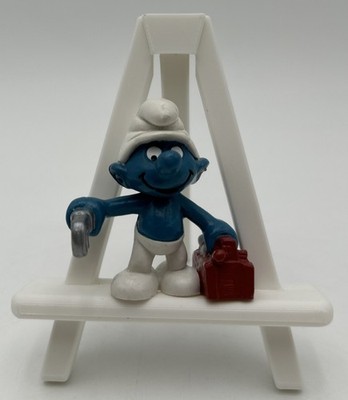 Vintage 1983 Schleich Smurfs Handy Plumber Smurf PVC Figure 20187 Wrench Toolbox