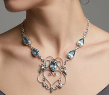 Blue Aquamarine Women Necklace 925 Sterling Silver Handmade Jewelry S-18 inch