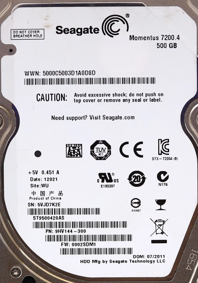 Seagate ST9500420AS 500GB 2.5" 3Gb/s 7.2K RPM SATA HDD W/Caddy P/N: 9HV144-300 - Image 2 of 2
