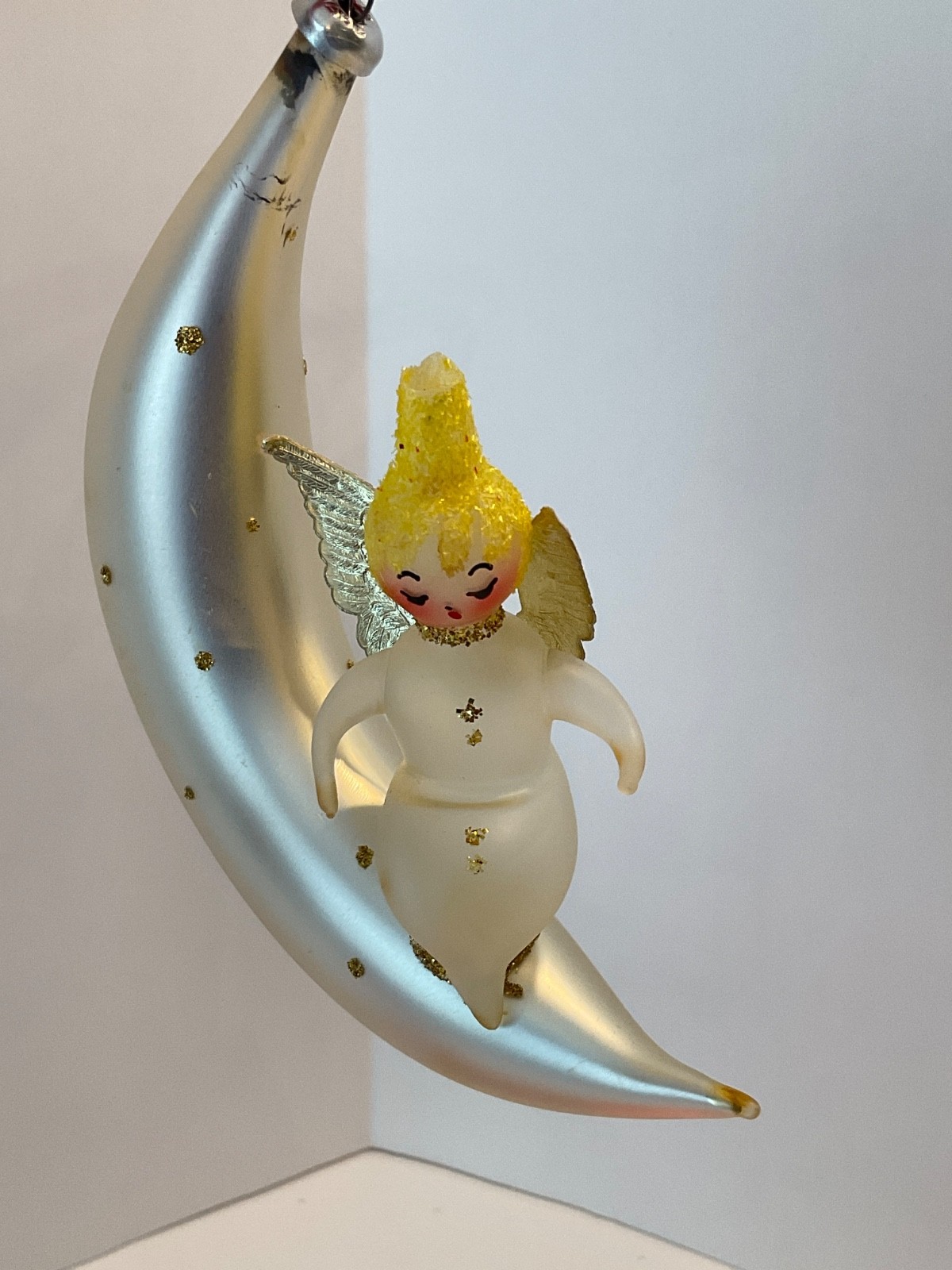 Vintage De Carlini Glass Christmas Ornament ANGEL IN CRESCENT MOON Italy Made