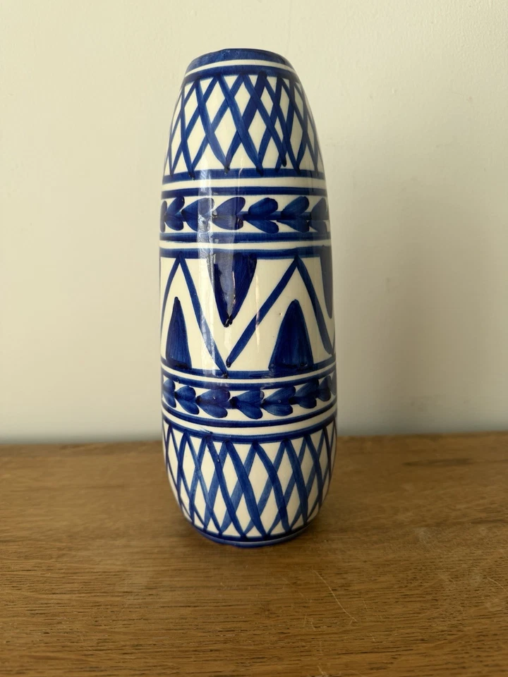 Vintage Spanish Pottery Vase Hand Painted Blue And White  - Image 2 of 4