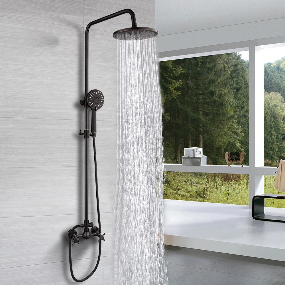 Wall Mount Bathroom Black Rain Brass Shower Head Faucet Hand Spray Mixer Tap Kit