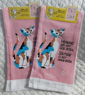 Set of 2 Blue-Q Kitchen Dish Towels Pink Cotton Cats Theme  21'' x 28'' With FLAW 
