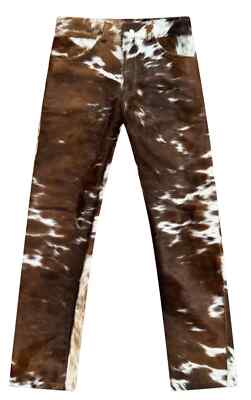 Men's Genuine Cowhide Calf Skin Jeans Natural Brown Real Leather